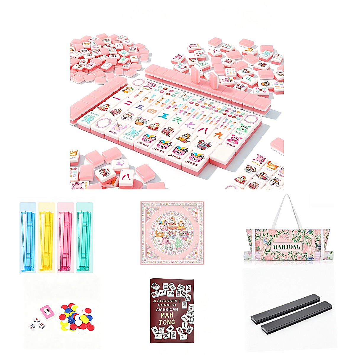 30mm Two-Tone Pink Cat UV Mahjong Set — 160 Tiles, 4 Pushers & Long Tray