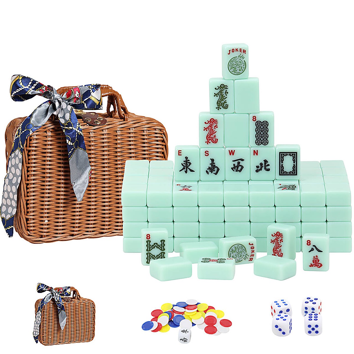 30mm Jade Green American Mahjong Set with Rattan Case, Dice & Chips