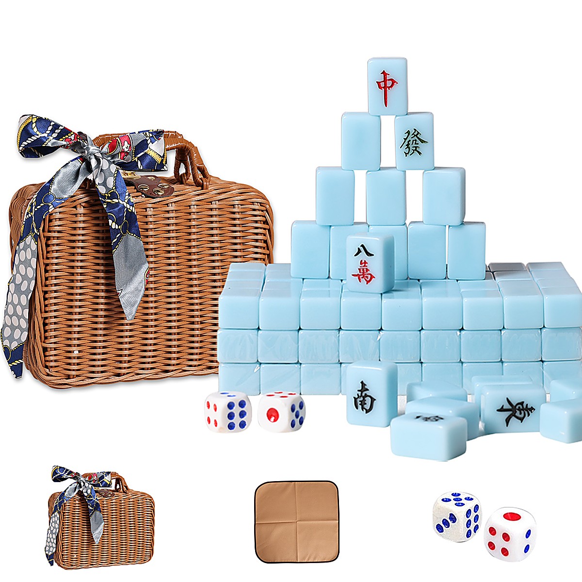 30mm Sky Blue Chinese Mahjong Set with Rattan Case