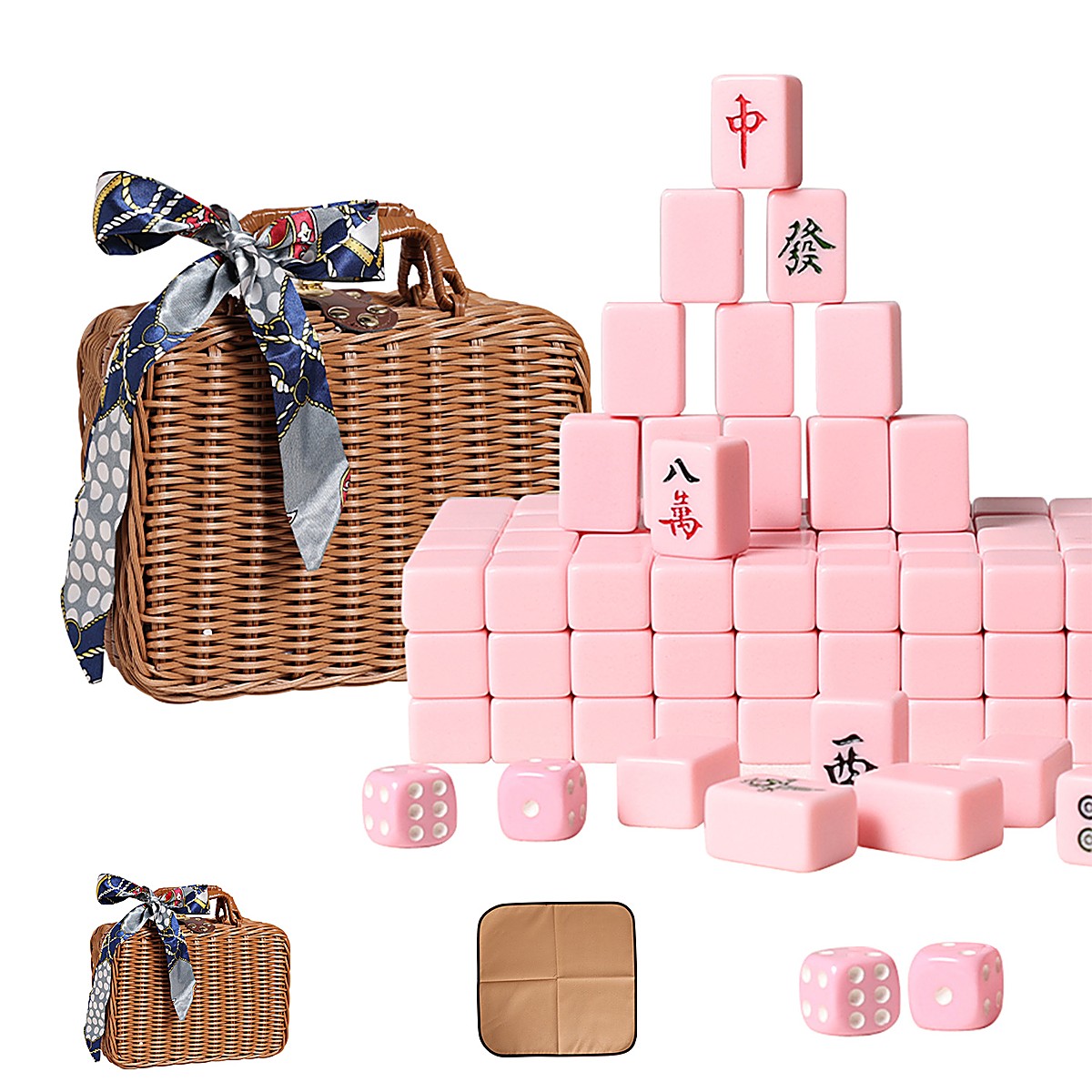 30mm Pastel Pink Chinese Mahjong Set with Rattan Case & Cloth