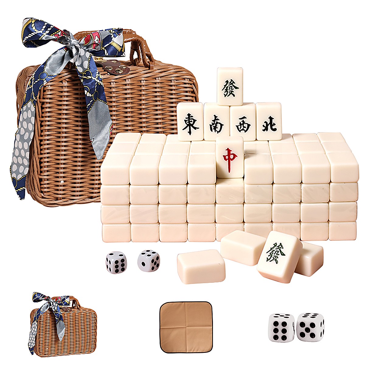30mm Ivory Chinese Mahjong Set with Rattan Case & Cloth
