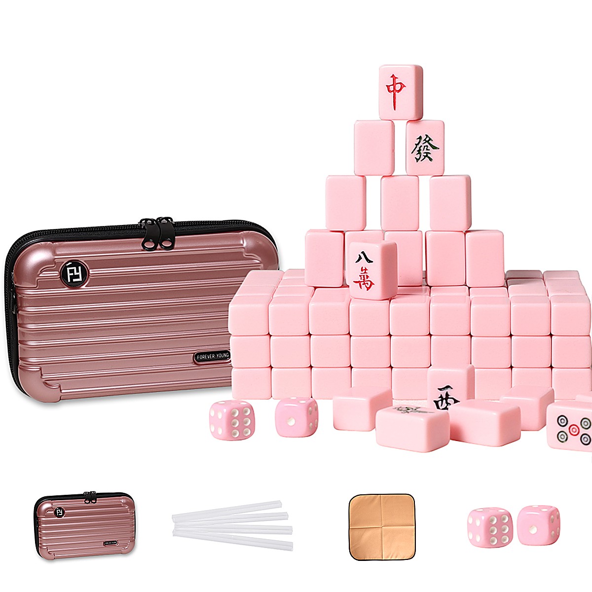 20mm Pastel Pink Chinese Mahjong Travel Set with Rose Gold Case
