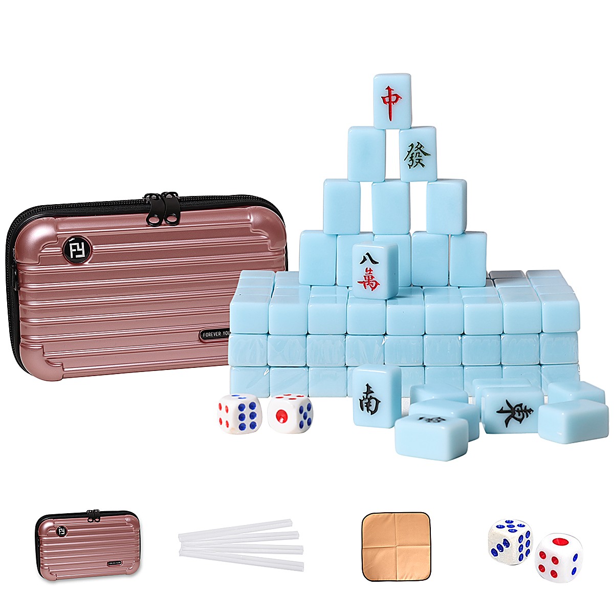 20mm Sky Blue Chinese Mahjong Travel Set with Rose Gold Case