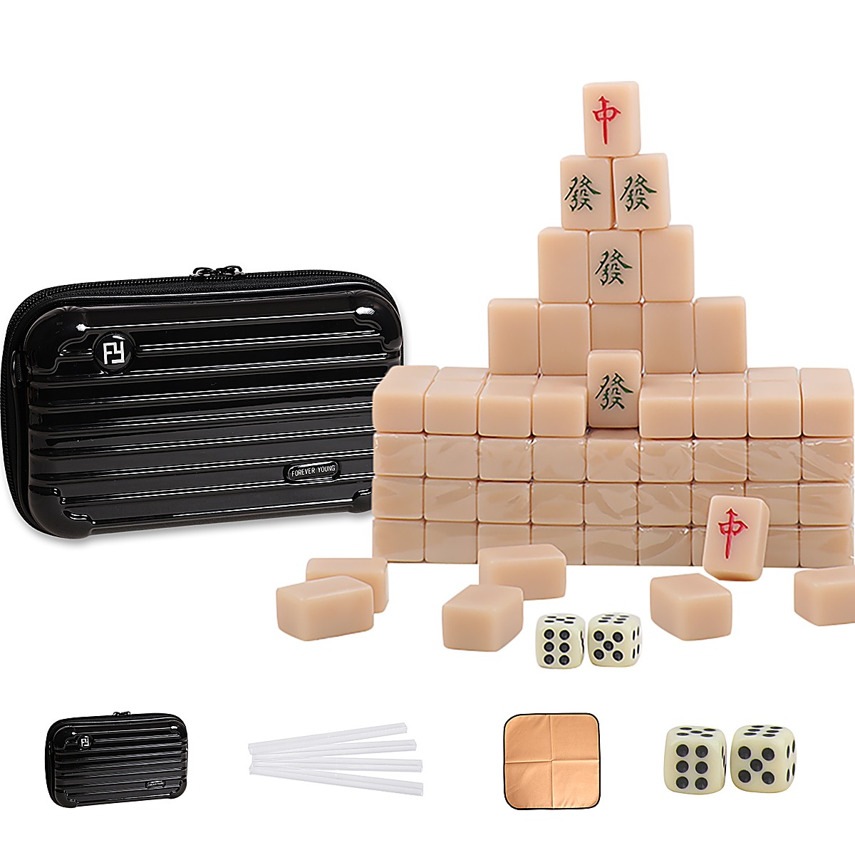 20mm Latte Chinese Mahjong Set with Black Travel Case, Ruler & Cloth