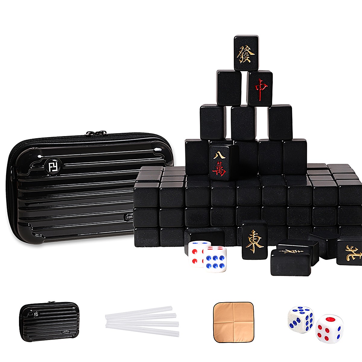 20mm Onyx Chinese Mahjong Set with Black Travel Case, Ruler & Cloth