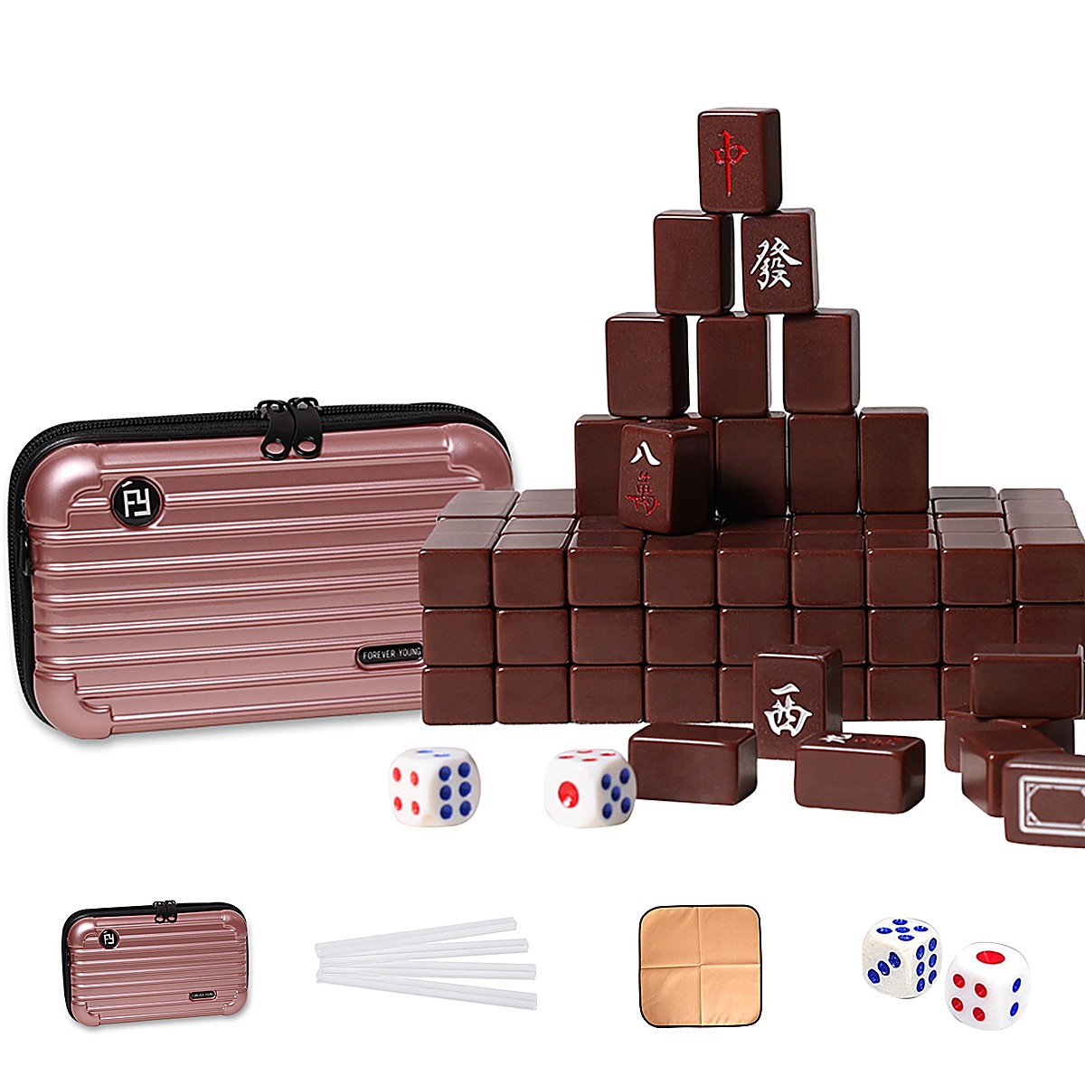 20mm Chocolate Chinese Mahjong Set with Rose Gold Travel Case, Ruler & Cloth