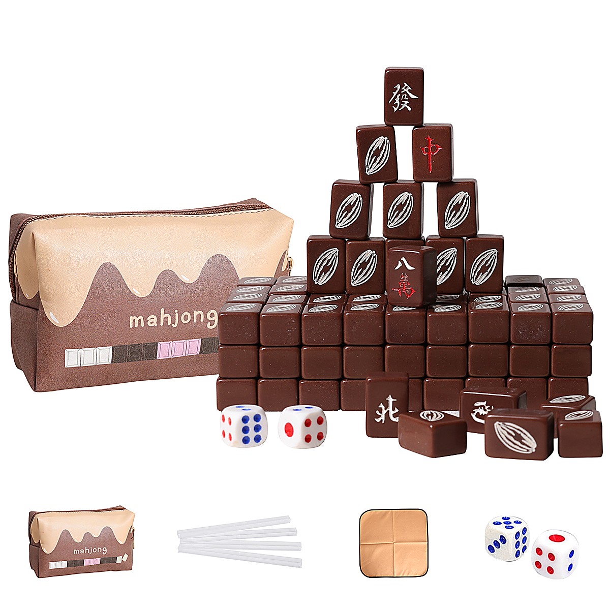20mm Chocolate Chinese Mahjong Set with Leather Pouch, Ruler & Cloth