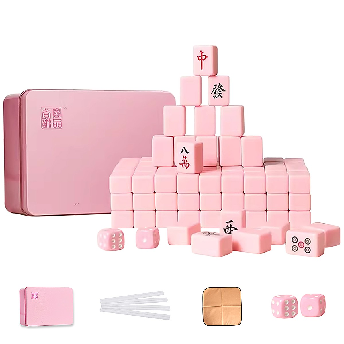 20mm Pastel Pink Chinese Mahjong Set with Tin Box, Ruler & Cloth