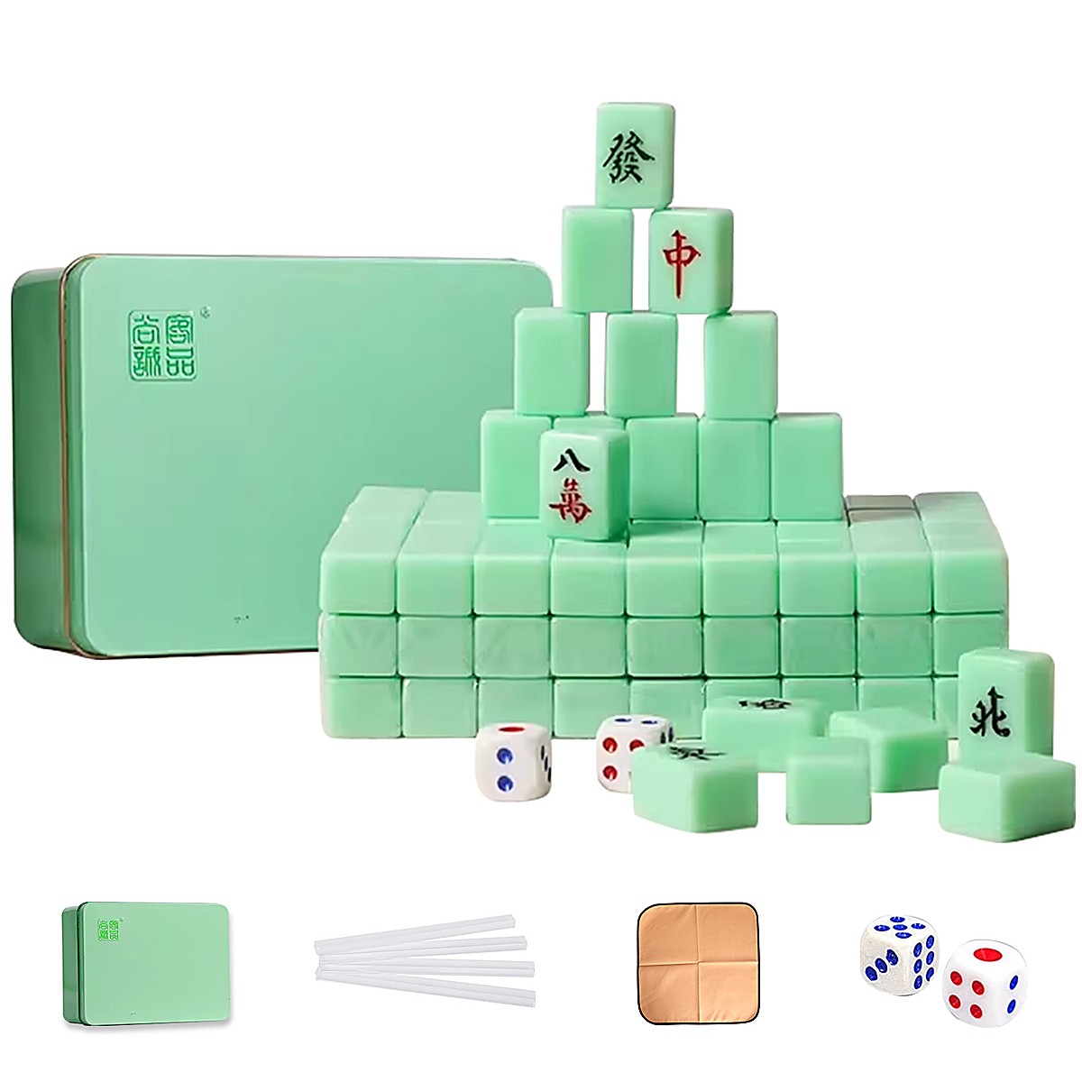 20mm Aqua Chinese Mahjong Set — Tin Box, Rack & Tablecloth