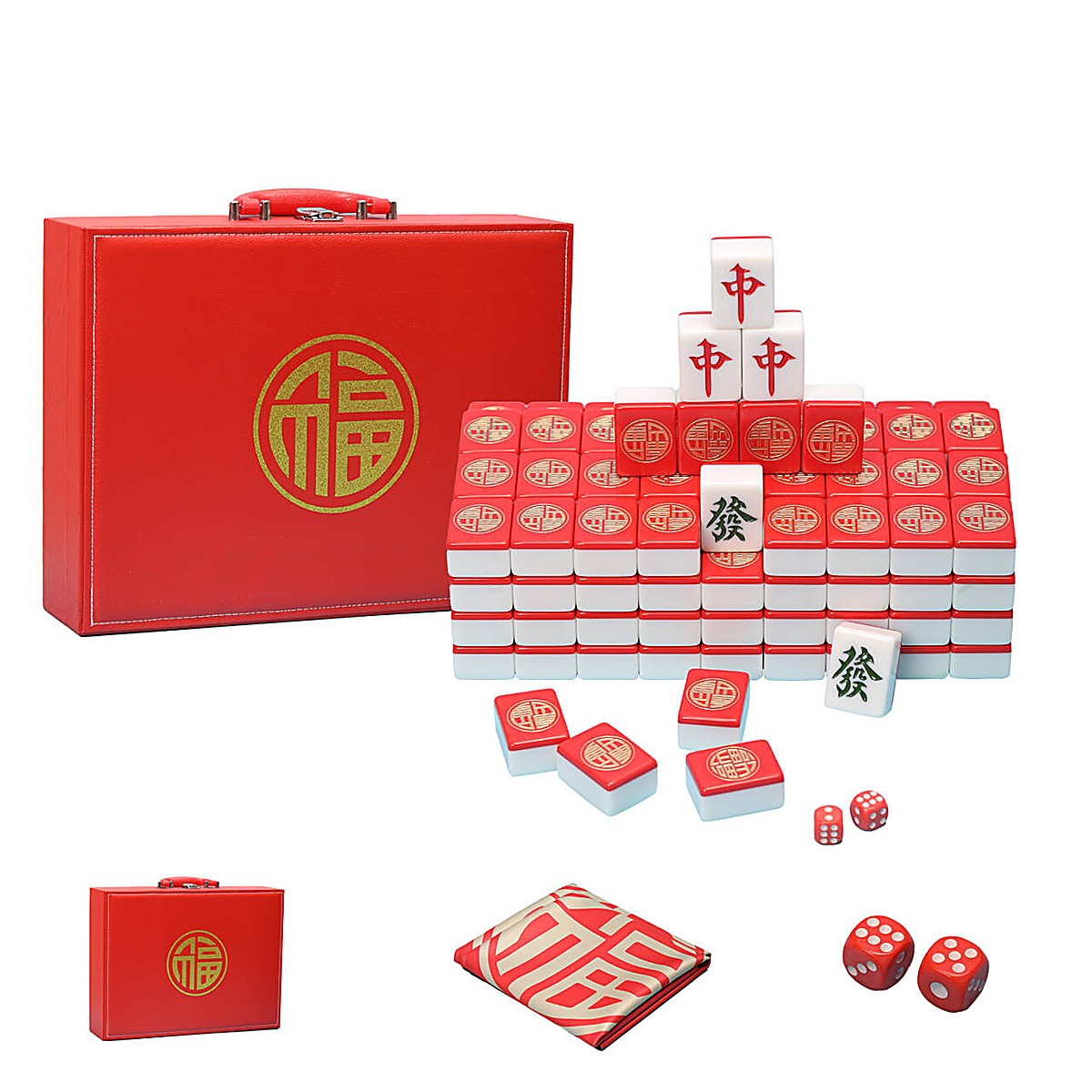 42mm Red Double Fortune Chinese Mahjong Set in PU Leather Case