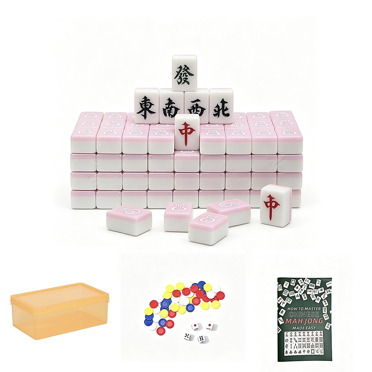 36mm Blush Pink Yoyo Rabbit Chinese Mahjong Set with Clear Case
