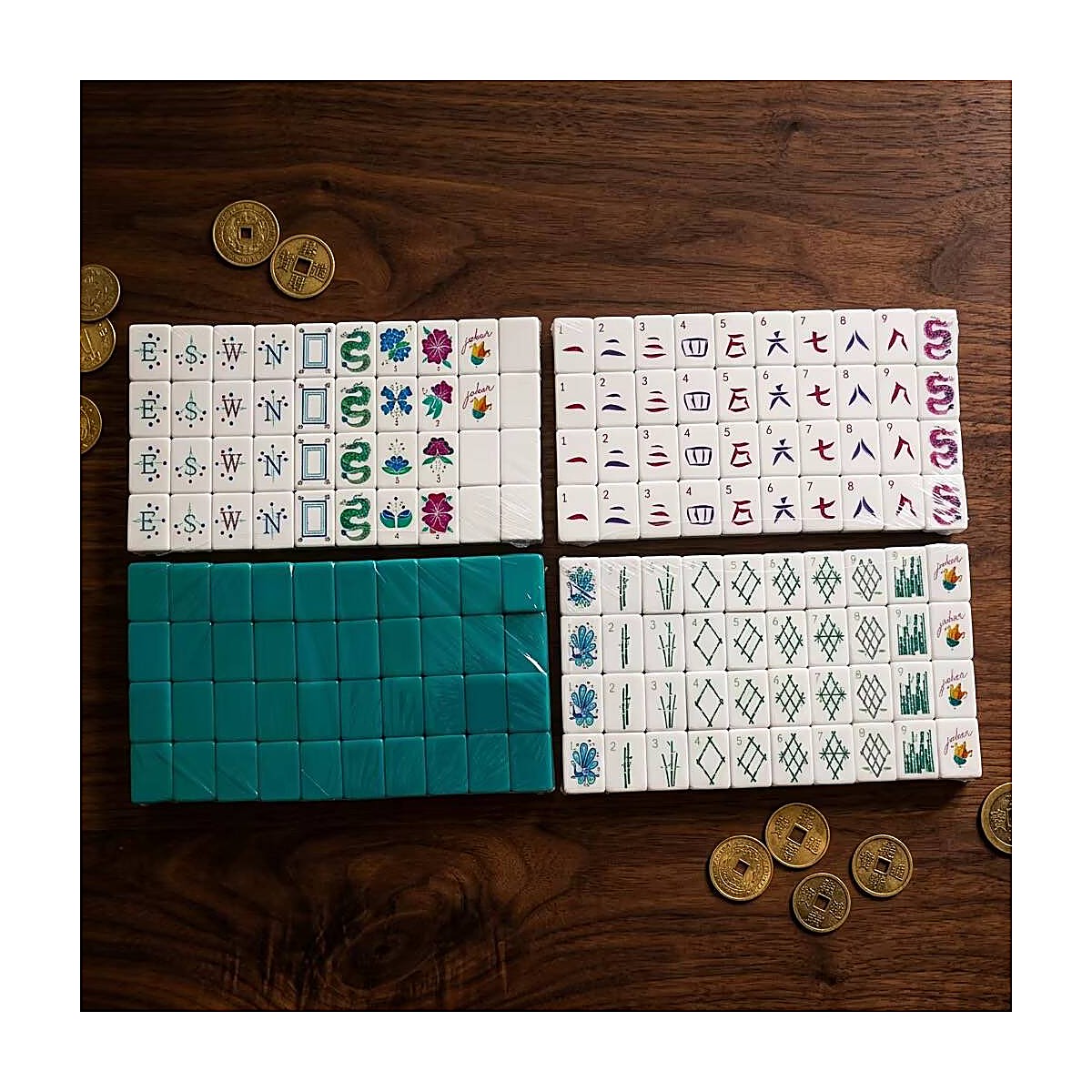 Green Sparkle Acrylic Mahjong Set — 32mm Tiles with 3 Dice
