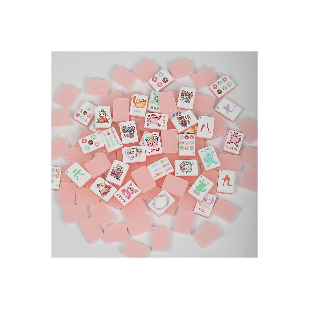 Jelly Pink Cat Acrylic Mahjong Set — 32mm Tiles with 3 Dice